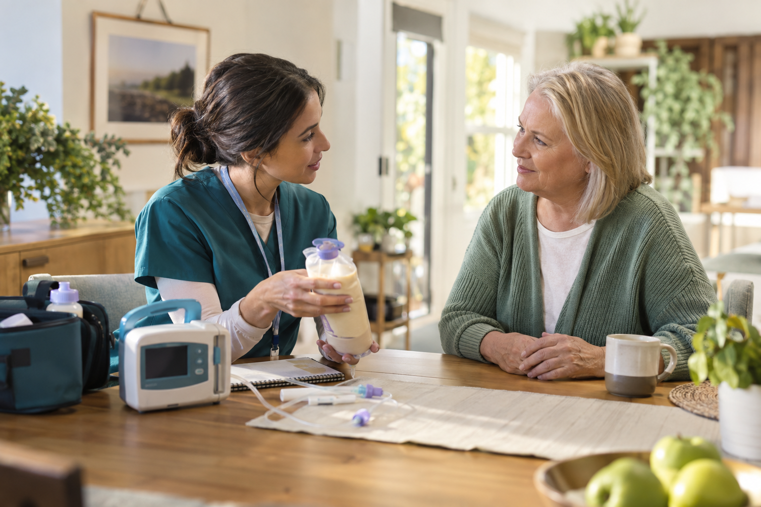 Professionnelle accompagnant une patiente pour sa nutrition à domicile